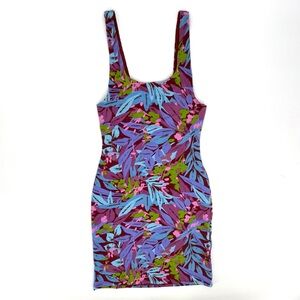 Y2K tropical floral bodycon tank top mini dress scoop neck, stretchy fit, fairy